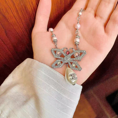 [Veyra Jewelry] Bow & Pearl Double C Pavé Diamond Necklace
