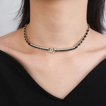 [Veyra Jewelry]Black Leather Interwoven Crystal CC Choker Necklace
