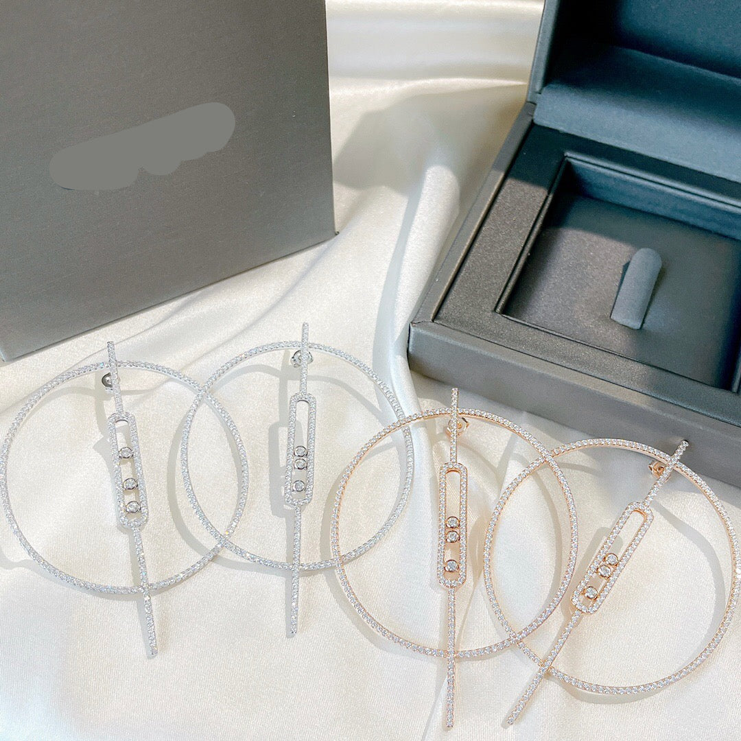 [Veyra Jewelry]Move Large Hoop Earrings, Three Sliding Diamonds