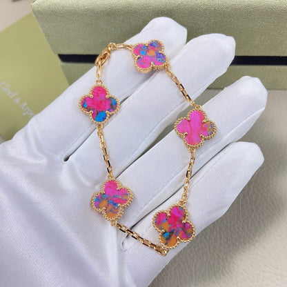 [Veyra Jewelry]Vintage Alhambra 5‑Flower Bracelet, Pink‑Blue Iridescent Opal Gold‑Tone