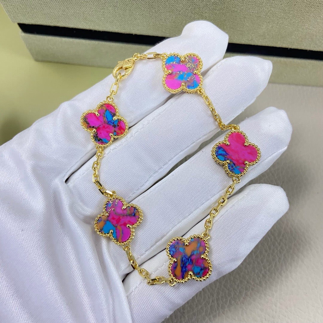 [Veyra Jewelry]Vintage Alhambra 5‑Flower Bracelet, Pink‑Blue Iridescent Opal Gold‑Tone