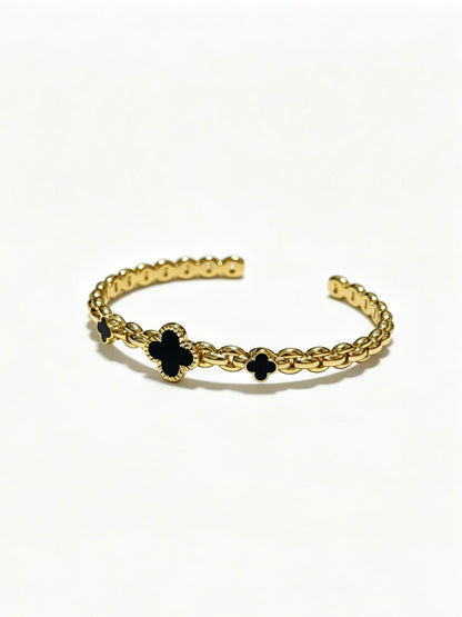 ¡®Veyra Jewelry¡¯Vintage Alhambra 3‑Flower Open Cuff, Black Onyx Gold‑Tone Chain Bangle