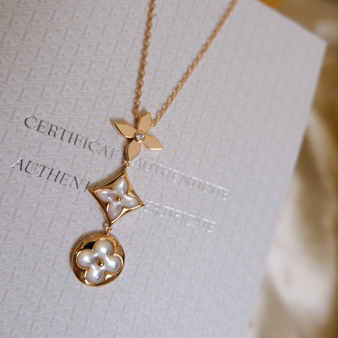 ¡®Veyra Jewelry¡¯COLOR BLOSSOM LARIAT NECKLACE PINK GOLD WHITE MOTHER PEARL AND DIAMOND